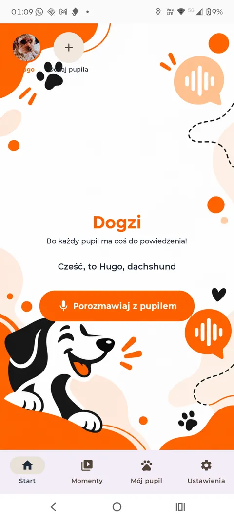 Ekran główny Dogzi z profilem pupila Hugo