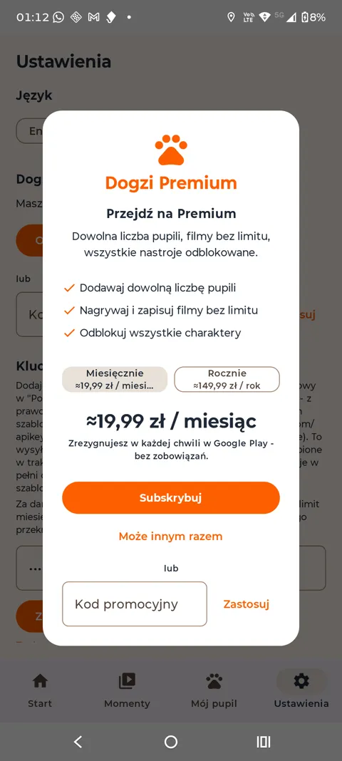 Ekran Dogzi Premium z cenami miesięczną i roczną